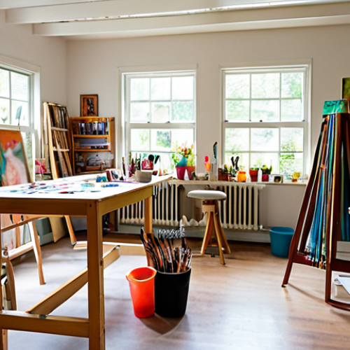 Home 7 **Inspiring Creative Environment**: Create an image of a vibrant art studio filled with natural light, colorful art supplies, and various workstations for painting, sculpture, and digital art. The atmosphere should feel open and inviting, encouraging creativity and collaboration among artists.